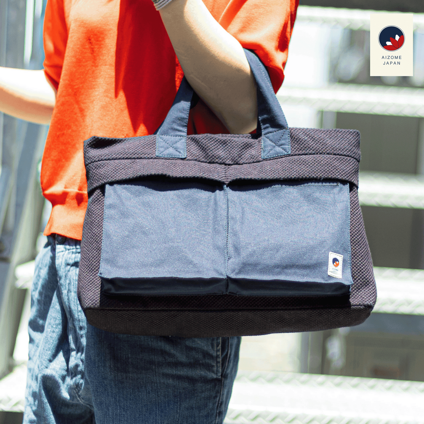 AIZOME JAPAN Aizome-Dyed Multi-Function Handbag with Accordion Pocket Design - made in Japan