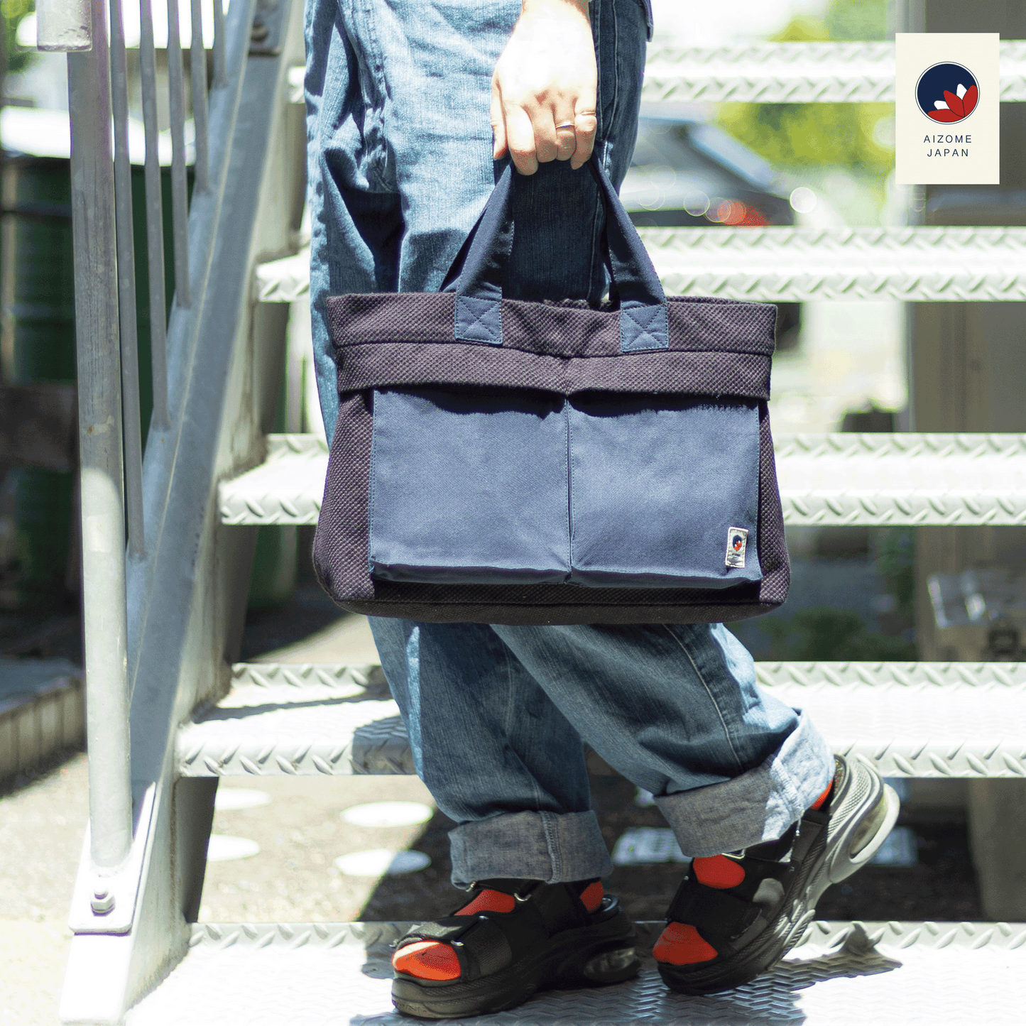 AIZOME JAPAN Aizome-Dyed Multi-Function Handbag with Accordion Pocket Design - made in Japan