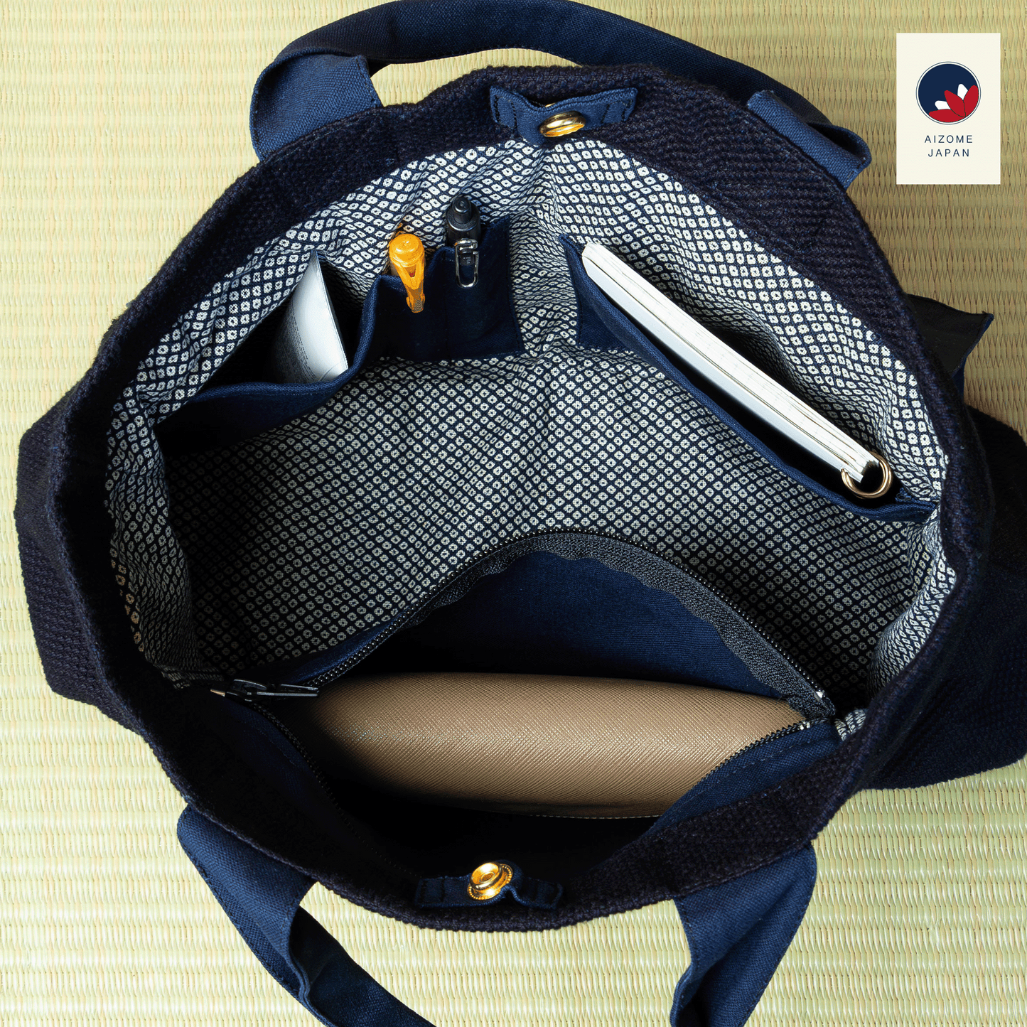 AIZOME JAPAN Aizome-Dyed Multi-Function Handbag with Accordion Pocket Design - made in Japan