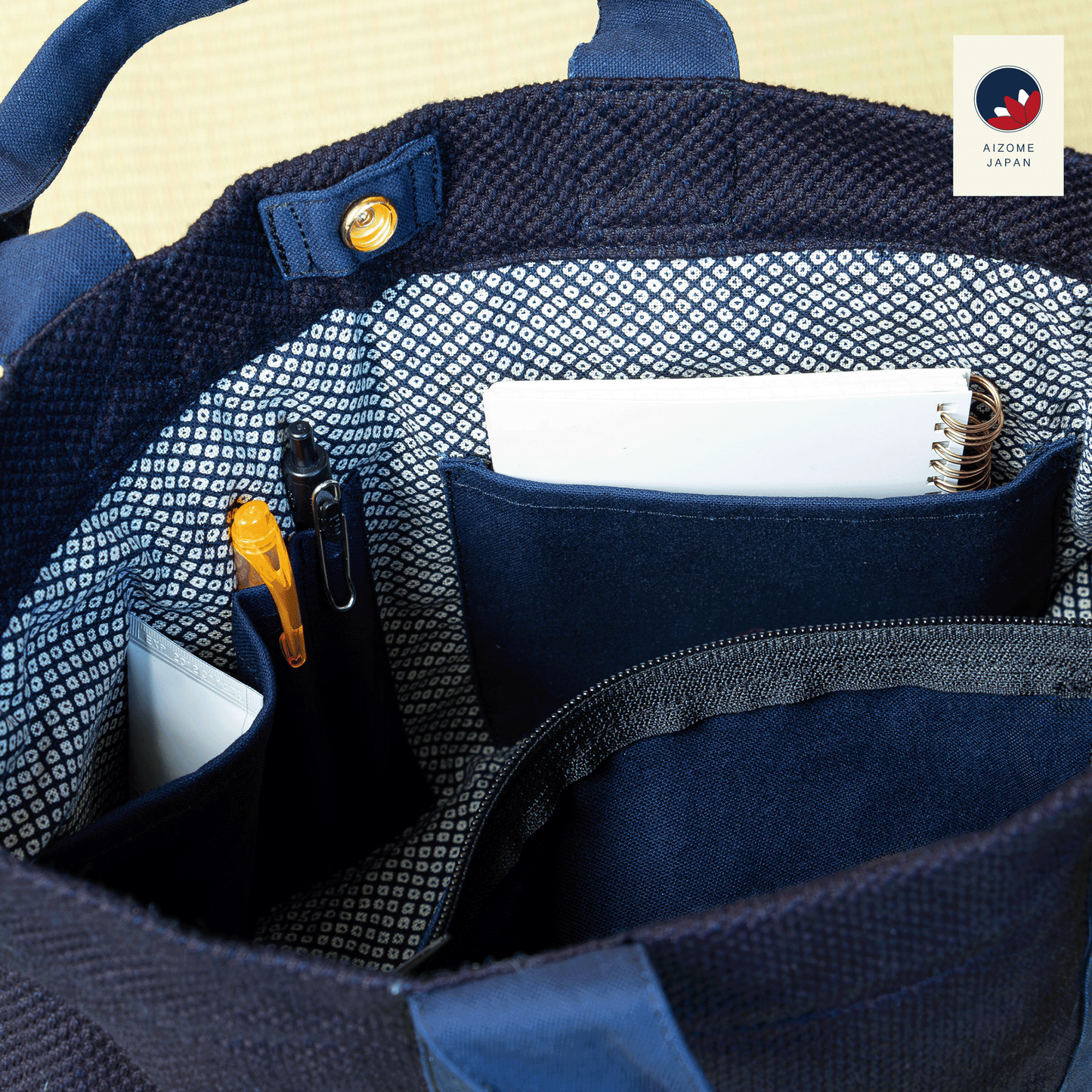 AIZOME JAPAN Aizome-Dyed Multi-Function Handbag with Accordion Pocket Design - made in Japan