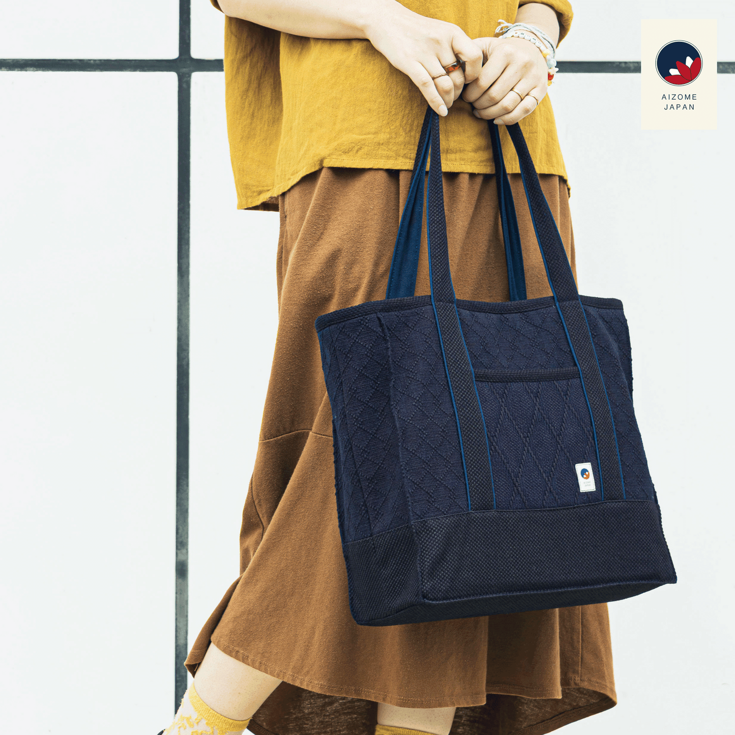 Aizome Japan - Aizome-dyed timeless square Totebag with two interior zippered pockets  - made in Japan