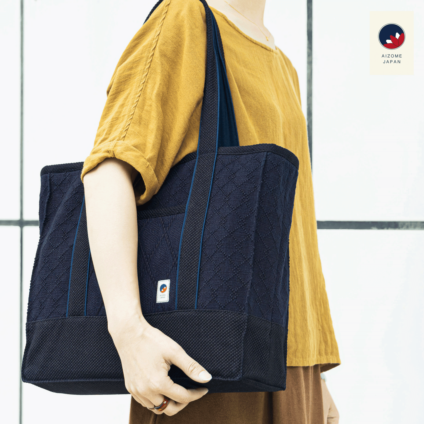 Aizome Japan - Aizome-dyed timeless square Totebag with two interior zippered pockets  - made in Japan
